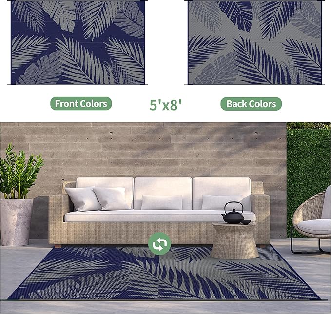 GENIMO Outdoor Rug, Waterproof Plastic Rugs for Patio, 5'x8' Blue Grey | Outside Larger Leaf Carpet Mat for Porch Decor, Deck, Balcony, Camping, RV, Backyard, Picnic, Beach, Reversible, Foldable