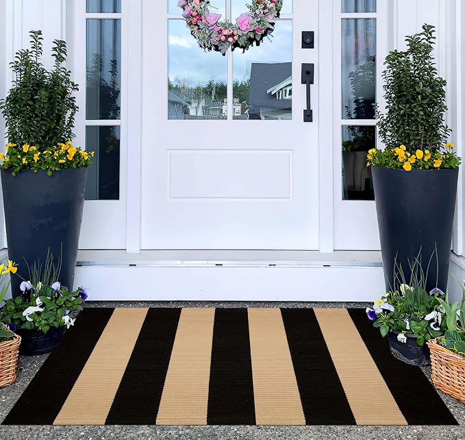 Black and Tan Layered Doormat,2x3 ft Striped Small Outdoor Rug Cotton Woven Washable Farmhouse Layered Door Mats for Entryway/Porch Decor/Kitchen/Home Entrance