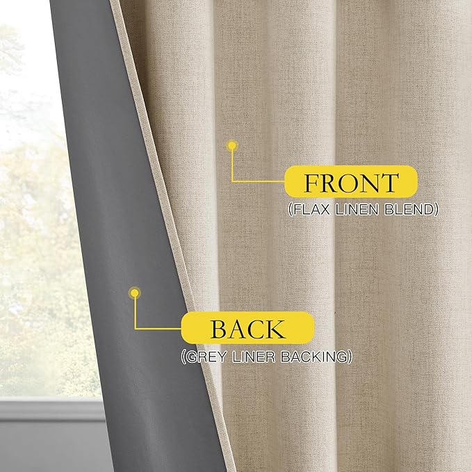 NICETOWN Cream 100% Blackout Linen Curtains 108 inch Long Burg for Living Room, 1 Pair, 62" Width Each Panel, Farmhouse Thick Completely Blackout Window Treatment Thermal Insulated Drapes
