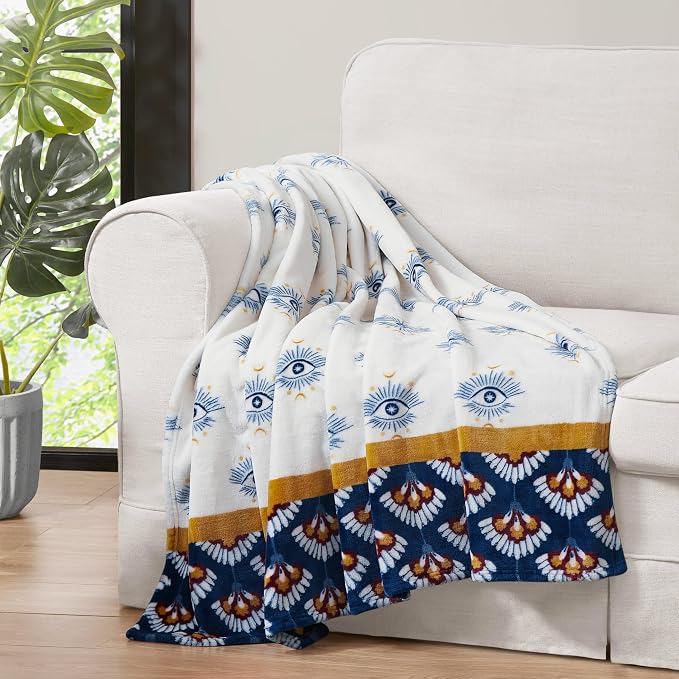 Jessica Simpson Plush 50"X70" Throw Blanket - Celeste White/Navy - Luxurious Plush Blanket for Ultimate Comfort and Cozy Warmth