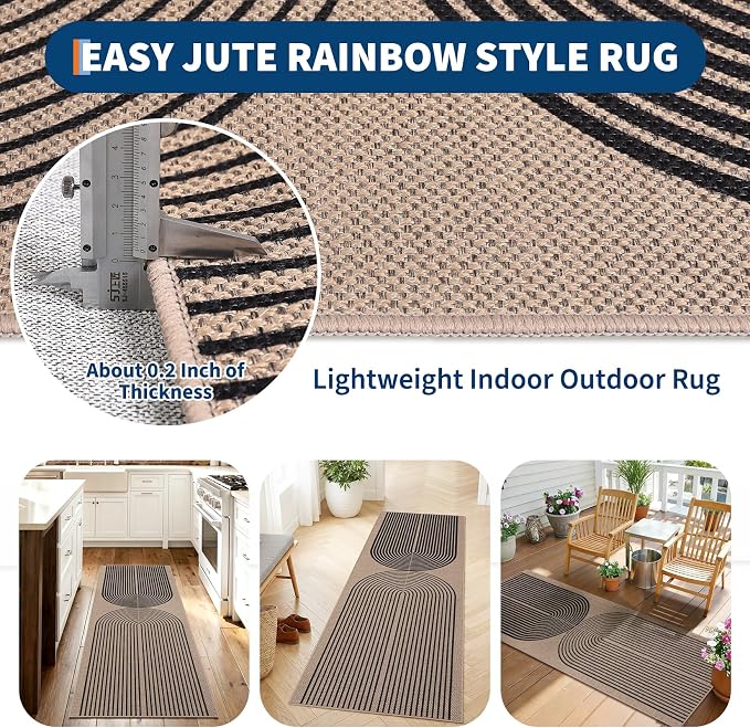 GarveeHome Easy Jute 2x6 Modern Rainbow Runner Rug for Hallway Kitchen Bedroom Non Slip Indoor Outdoor Runner Door Mat for Laundry Porch