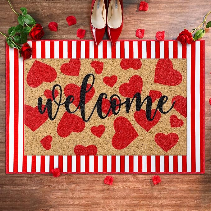 Tinideya 2 Pcs Door Mat Welcome Non Slip Coir Mats Floor Layering Doormats Seasonal for Front Porch Entryway Decor(Heart)