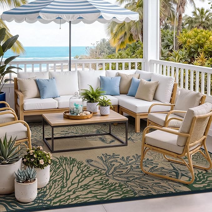 Tribesigns 5x7 Blue Green Coastal Easy Jute Area Rug for Living Room | Washable, Non-Slip Ocean Animal Design for Bedroom, Dining Room, Patio, Backyard and Beach House Decor, Includes 4 Rug Tapes