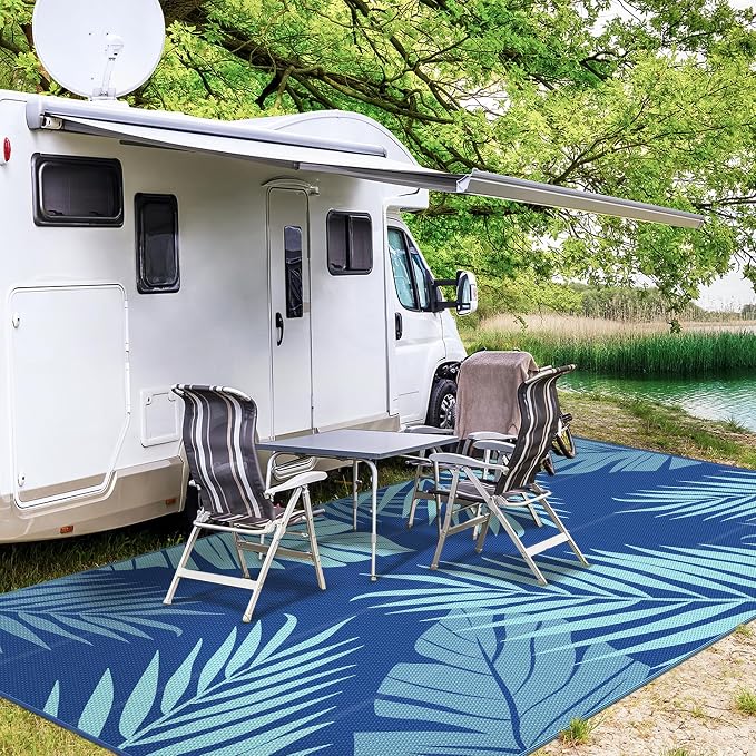 GENIMO Outdoor Rug, Waterproof Plastic Rugs 10'x14' for Camping Navy Green | Outside Larger Leaf Carpet Mat for Porch Decor, Deck, Camping, RV, Backyard, Balcony, Picnic, Beach, Reversible, Foldable