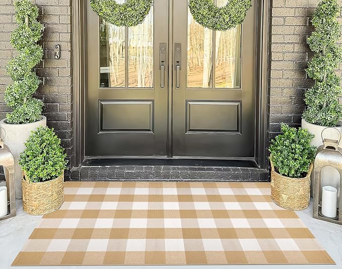 Khaki and White Outdoor Rug 3'x5', Outdoor Porch Rug Cotton Woven Washable Farmhouse Indoor Outdoor Doormat for Front Porch Hello Welcome Layered/Entryway/Bedroom/Living Room/Patio