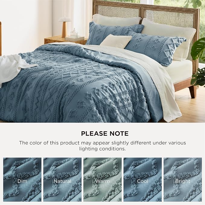 Bedsure Tufted Boho Comforter Set Oversized King - Dusty Blue Boho Bed Set, GentleSoft™ 3 Pieces Farmhouse-Style Embroidery Bedding, Gifts for Woman, Soft Jacquard Kids' Comforter for All Seasons