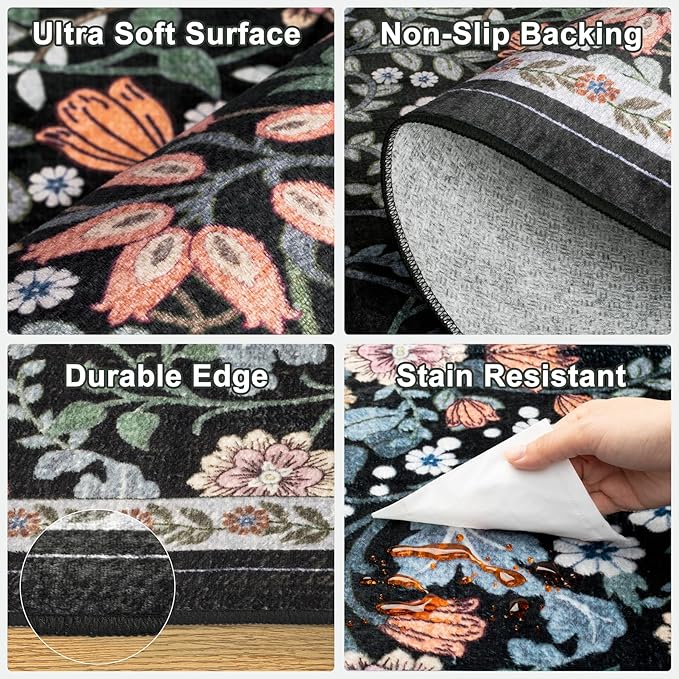 Area Rug Living Room Rugs: Floral 4x6 Washable Rug Vintage Soft Boho Non-Slip Carpet Indoor Floor Stain Resistant Large Carpets for Bedroom Dining Room Farmhouse Nursery Hallway Home Office Dark Black