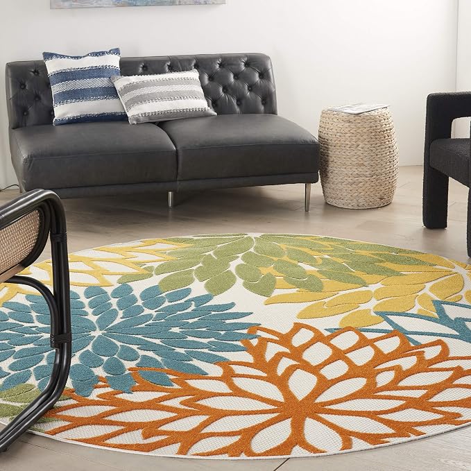 Nourison Home Aloha Turquoise Multicolor 7'10" x Round Area Rug - Easy Clean, Non Shedding, Bed Room, Living Room, Dining Room, Kitchen (8' x Round)