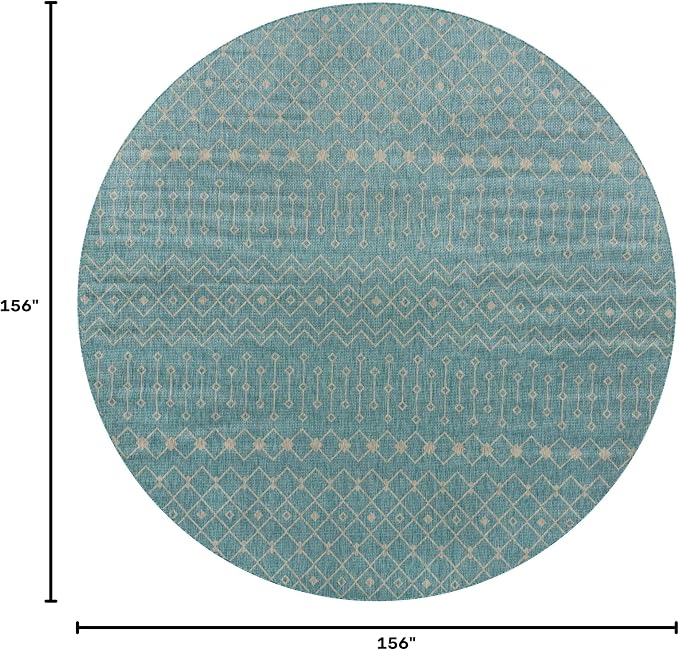 Unique Loom Outdoor Trellis Collection Area Rug - Tribal Trellis (13' Round, Aqua/ Ivory)