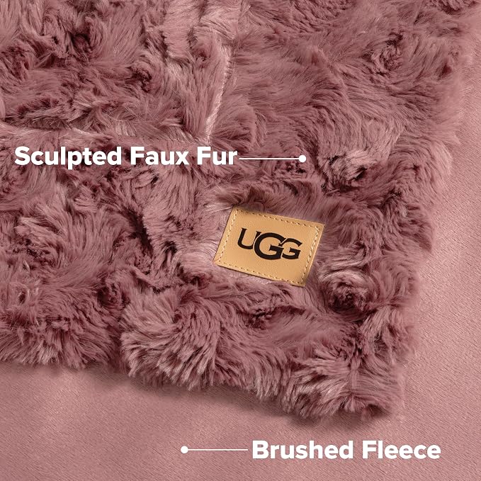 UGG Adalee Throw Blanket, Faux Fur Blanket, 50" x 70", Red Gooseberry | Sculpted Faux Fur, Lightweight, Cozy Warm & Ultra Plush, Hypoallergenic, Bedroom & Living Room Décor, Machine Washable