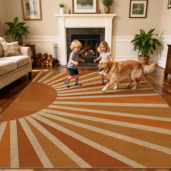 Washable Sun Easy Jute Rug, 5x7 Modern Boho Retro Outdoor Indoor Patio Farmhouse Large Area Rugs, Woven Ultra Thin Non Slip Carpet Mat for Living Dining Room Bedroom Classroom Kids Nursery Play Room