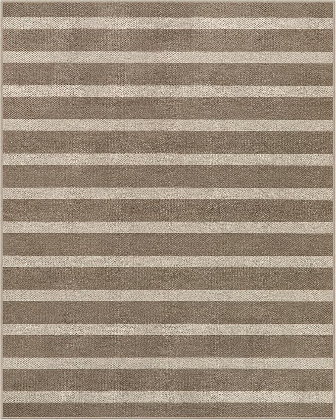 Lahome Striped Easy Jute Living Room Rug, 8x10 Outdoor Patio Rugs Washable | Patio Area Rug, Modern Farmhouse Large Non Slip Lightweight Carpet for Bedroom Backyard Office Dining Room Mudroom, Khaki