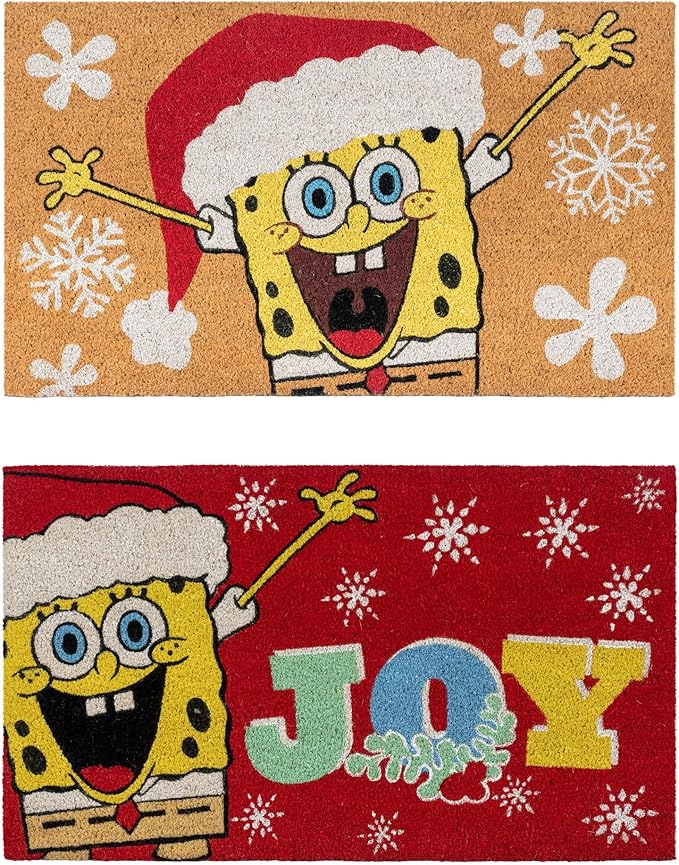 Gertmenian Spongebob Squarepants Coir Doormat - 2x3 Welcome Mat (2-Pack), Ideal for High Traffic Areas in Front Door, Garage, Entryway - Spongebob Santa/Ho Ho Ho, 80011
