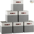 Ornavo Home 11x11 Foldable Fabric Storage Cube Bins, 6 Pack, White/Gray | Collapsible Linen Shelf Basket Organizer; Leather Handles; Ideal Cube Storage For Closet