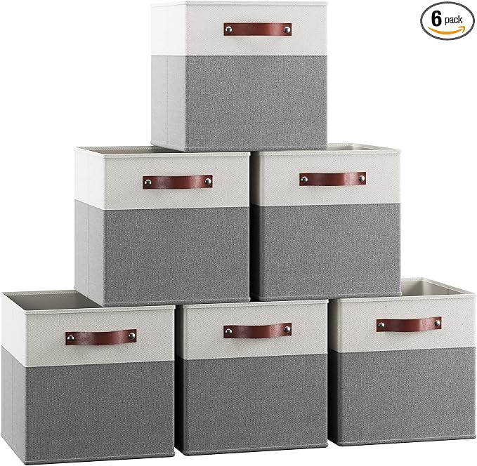 Ornavo Home 13x13 Foldable Fabric Storage Cube Bins, 6 Pack, White/Gray | Collapsible Linen Shelf Basket Organizer; Leather Handles; Ideal Cube Storage For Closet