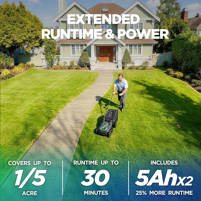 18" Electric Lawn Mower, 40V Cordless Lawn Mower with 2x5.0Ah Batteries & Charger, Brushless Motor, 2-in-1 Mulching & Bagging, 6-Position Height Adjustment, for Medium Yards