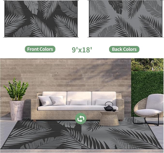 GENIMO Outdoor Rug, Waterproof Plastic Rugs 9'x18' for Camping Black Grey | Outside Larger Leaf Carpet Mat for Patio Decor, RV, Porch, Camper, Deck, Picnic, Beach, Backyard, Reversible, Foldable