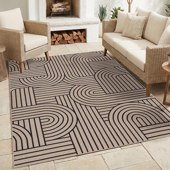 COZYLOOM 5x7 Waterproof Outdoor Patio Rug, Abstract Geometric Striped Easy Jute Rugs for Living Room, Non Slip Non Shedding Modern Area Rug for Entryway, Bedroom, Dining Room, Porch, Natural Color