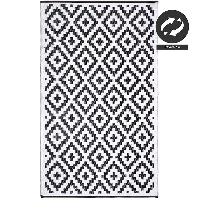 FH Home Outdoor Camping Rug - Waterproof, Fade Resistant, Reversible - Premium Recycled Plastic - Geometric - Picnic, Patio, Deck, Sunroom, RV - Aztec - Black & White - 4 x 6 ft Foldable