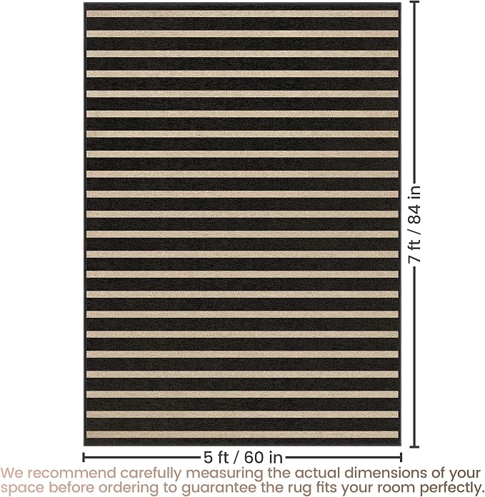 Washable Striped Easy Jute Rug, 5x7 Black Outdoor Indoor Patio Farmhouse Geometric Large Area Rugs, Low Pile Lightweight Non Slip Carpet Mat for Living Dining Room Bedroom Classroom Backyard Kitchen