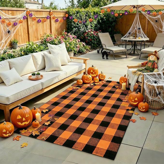 Halloween Orange and Black Buffalo Plaid Rug, 4' x 6'Indoor Outdoor Durable Rug, Spooky Accent Mat for Halloween Indoor Outdoor Decor, Living Room, Porch, Patio, Entryway