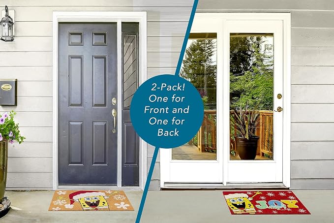 Gertmenian Spongebob Squarepants Coir Doormat - 2x3 Welcome Mat (2-Pack), Ideal for High Traffic Areas in Front Door, Garage, Entryway - Spongebob Santa/Ho Ho Ho, 80011