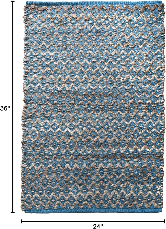 THE BEER VALLEY Jute Cotton Diamond Kitchen Rug 2x3 Feet - Natural Teal | Small Neutral Area Door mat for Entryway, Easy Clean Outdoor Indoor Boho Entry Rugs
