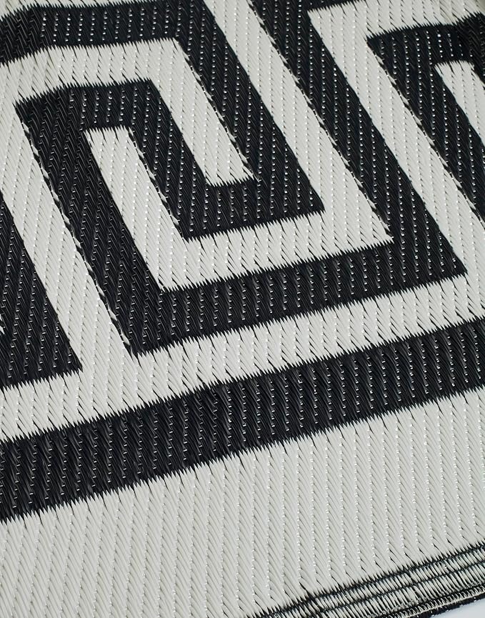 FH Home Outdoor Camping Rug - Waterproof, Fade Resistant, Reversible - Premium Recycled Plastic - Greek Border - Large Patio, Deck, Sunroom, RV - Athens - Black & White - 9 x 12 ft Foldable
