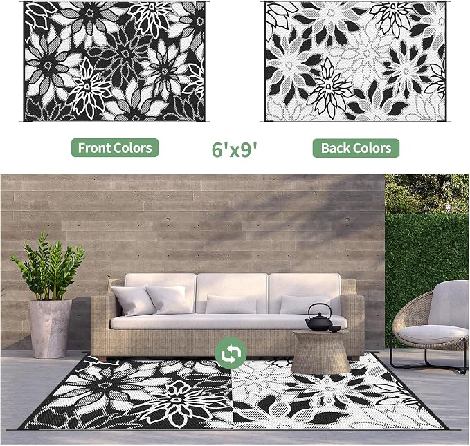 GENIMO Outdoor Rug, Waterproof Plastic Rugs for Patio, 6'x9' Black White | Outside Larger Leaf Carpet Mat for Porch Decor, Deck, Balcony, Camping, RV, Backyard, Picnic, Beach, Reversible, Foldable