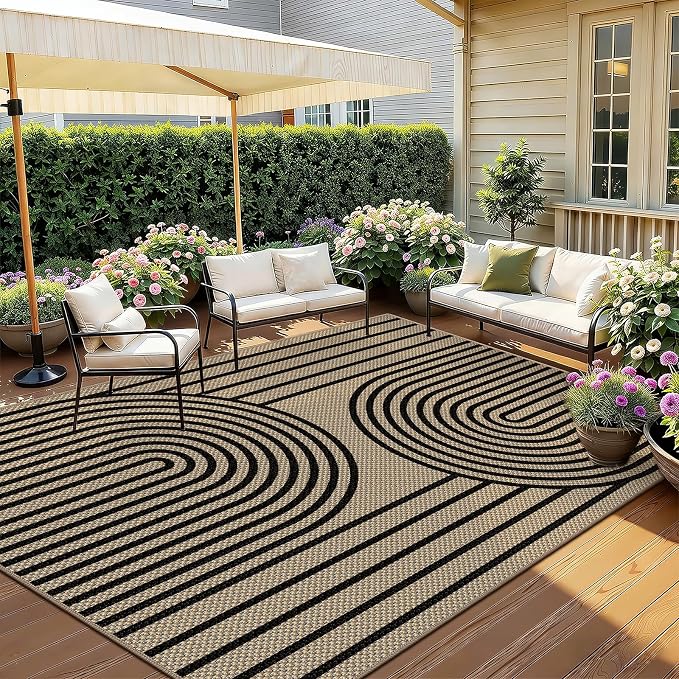 Faux Jute Rug for Living Room, 5' x 7' Area Rug, Black Farmhouse Ultra-Thin Washable Non-Slip Outdoor Rug for Bedroom, Dining Room, Backyard, Home Decor