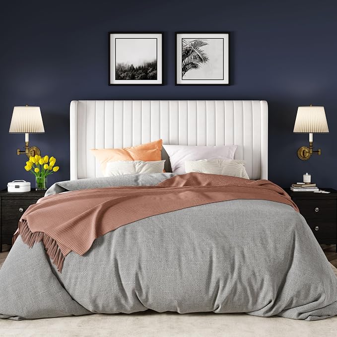 Allewie Queen Size Velvet Bed Frame/Vertical Channel Tufted Wingback Headboard/Upholstered Platform Bed/Strong Wooden Slats/No Box Spring Needed/Easy Assembly/White