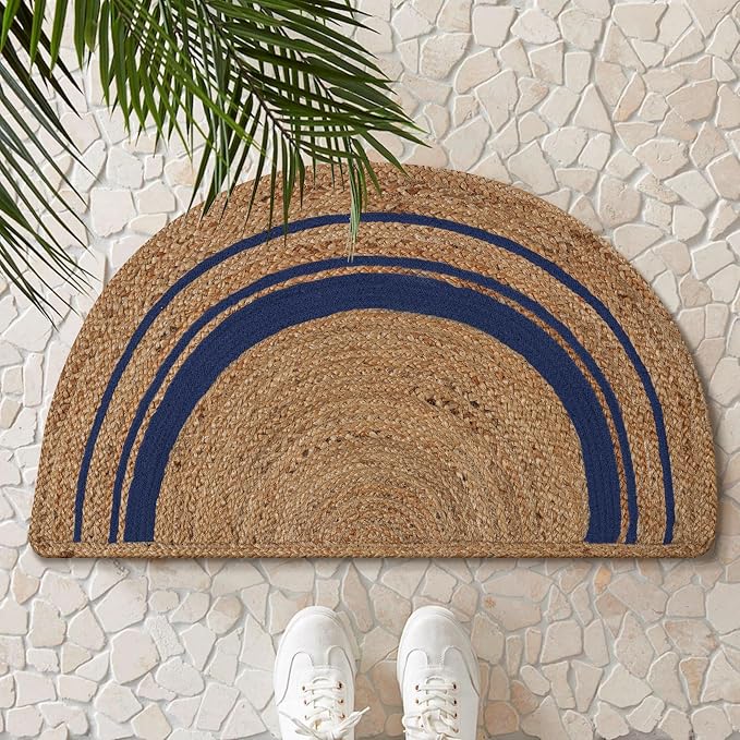 Boho Braided 1.5x3 Area Rug - Jute Natural Fiber Half Round Rug for Living Room Entryway, Farmhouse, Home, Indoor Rugs Jute Door mat for Bathroom, Kitchen (Navy Natural, 1.5 X 3 ft)
