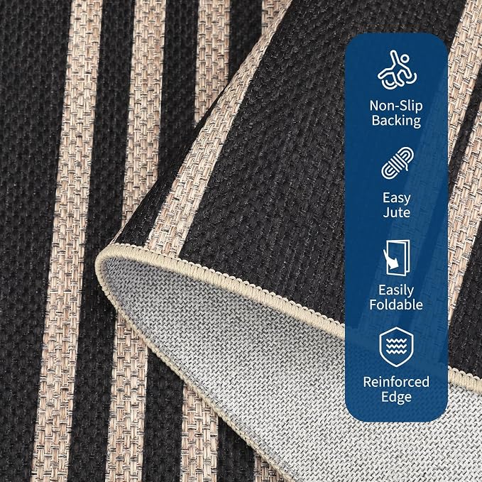 COZYLOOM 9x12 Area Rugs for Living Room Machine Washable Area Rugs Non Slip Striped Easy Jute Carpet Stain Resistant Contemporary Mats for Bedroom, Dining Room, Backyard, Black/White