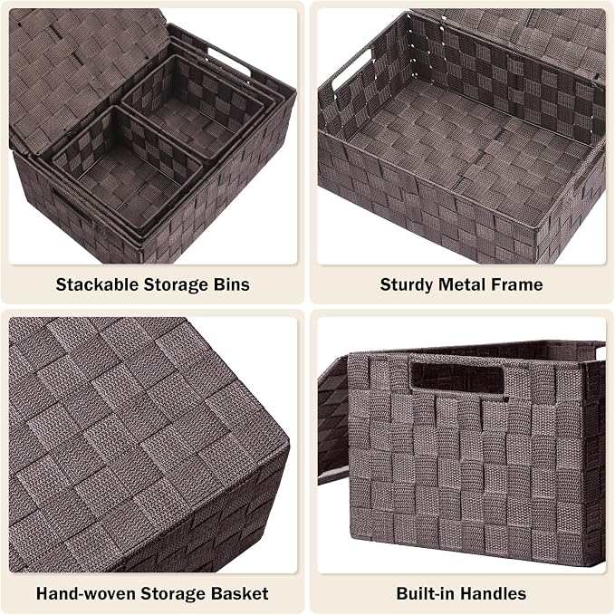Storage Baskets with Lids: 5 Pack Stackable Woven Storage Bins, Brown | Decorative Woven Baskets for Organizing with Built-In Handles for Shelves, Closets, Cabinets and Cubbies, Gift Small Basket