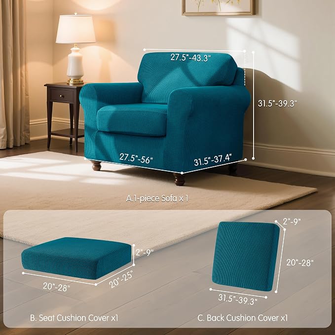 subrtex 3 Pieces Sofa Slipcover Sets (Small, Turquoise) - Stretch Couch Cover, Furniture Protector Collection for Oversize Sofa, Loveseat, Chair - Washable, Wear Resistant, Elastic