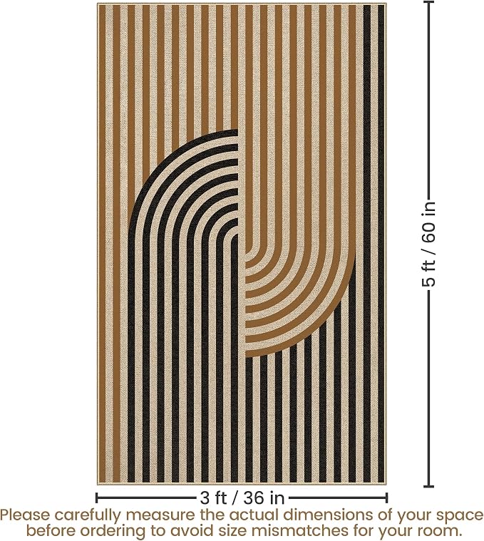 Washable Modern Easy Jute Rug 3x5, Black Outdoor Indoor Patio Abstract Geometric Neutral Small Rug, Woven Non Slip Thin Carpet Mat for Living Bedroom Entryway Front Door Farmhouse Doorway Kids