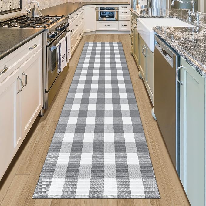 Buffalo Plaid Runner Rug 3x10 Feet Grey and White Checkered Runner Rug Cotton Woven Farmhouse Floor Mat Washable Rugs for Hallway Kitchen Laundry Bedroom Living Room