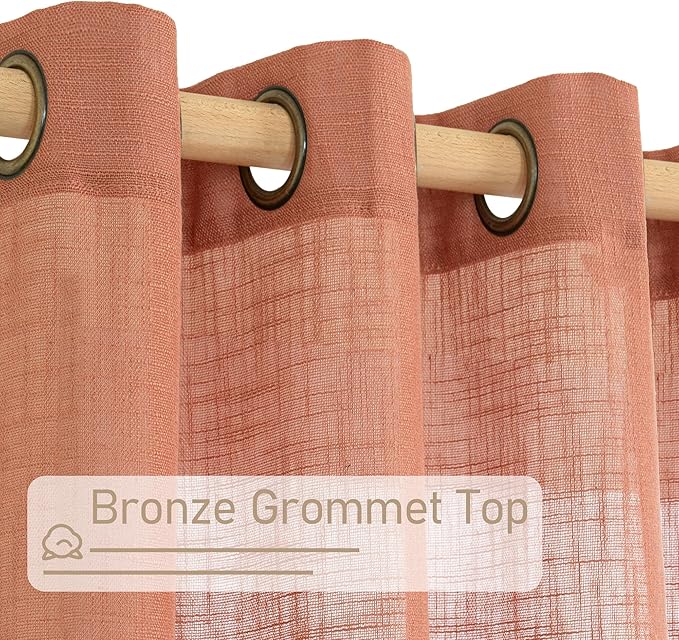 LAMIT Terracotta Linen Semi Sheer Curtains 45 Inch Length, Light Filtering Neutral Window Curtains Farmhouse Boho Bronze Grommet Fall Decor Panels for Bedroom, 2 Panels, 34 x 45 Inch