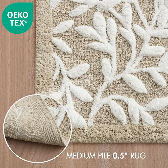 Madison Park Serene Tufted Bath Rug Cotton Absorbent, 21 x 34, Taupe | Quick Dry, Soft Pile, Machine Washable, Floral Pattern, Plush, OEKO-TEX Certified