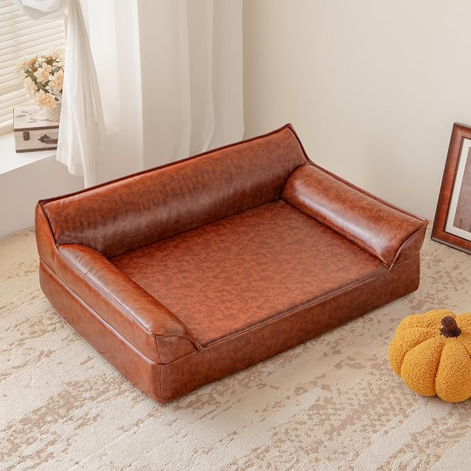 X-Large Leather Dog Bed Couch for Large Dogs Under 90 lbs, Brown Luxurious Vintage Elevated Dog Sofa Chaise Indoor Furniture Style Pet Supplies Low Maintenance