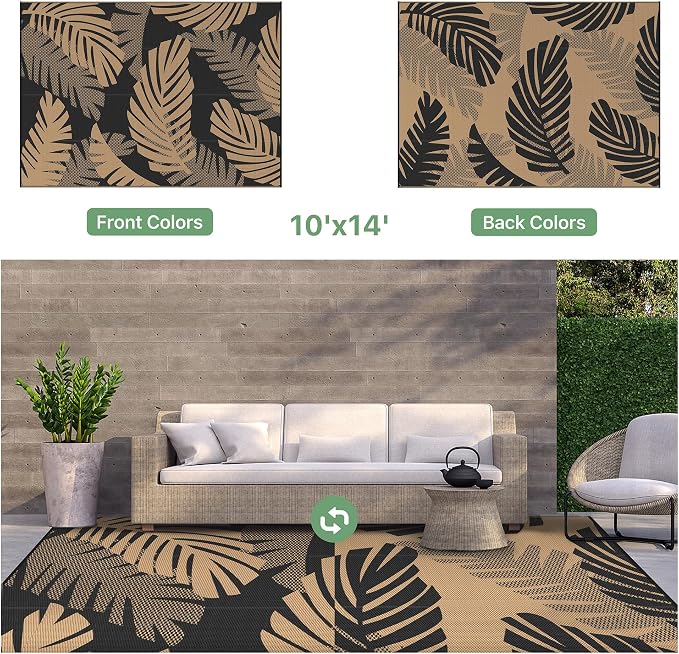 GENIMO Outdoor Rug, Waterproof Plastic Rugs 10'x14' for Camping Black Brown | Outside Larger Leaf Carpet Mat for Porch Decor, Deck, Balcony, Camping, RV, Backyard, Picnic, Beach, Reversible, Foldable