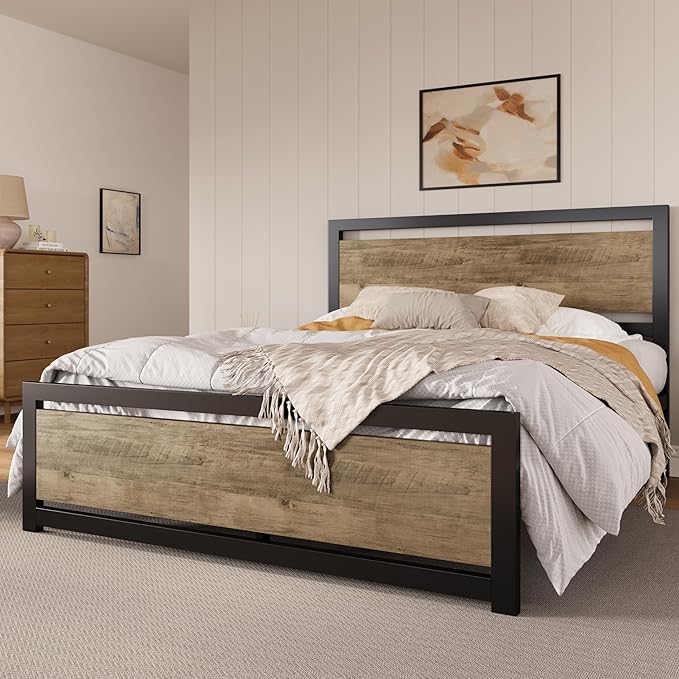 SHA CERLIN Heavy Duty Queen Size Bed Frame with Modern Headboard, Brown | Platform Metal Base with Square Footboard and 13 Strong Slats Support, No Box Spring Needed