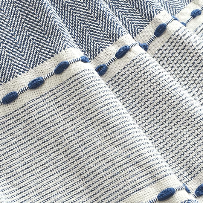 Lush Decor Herringbone Stripe Woven Tassel Yarn Dyed Cotton Tassel Throw Blanket 50" W x 60" L Navy & White - Striped Throw Blankets - Blue Couch Blanket