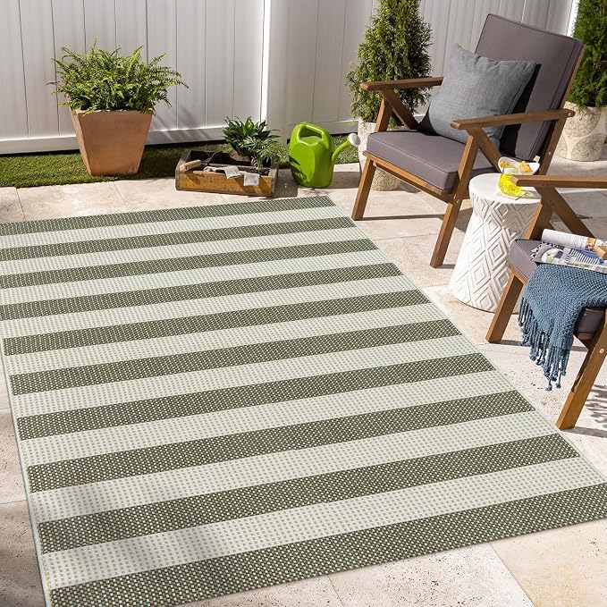OJIA Striped Outdoor Area Rug 4'x6' Washable Patio Rugs Front Porch Rug | Cotton Woven Outdoor Rug Decor Living Room Rug Farmhouse Indoor Outdoor Rugs Large Floor Carpet for Backyard/Bedroom/Entryway