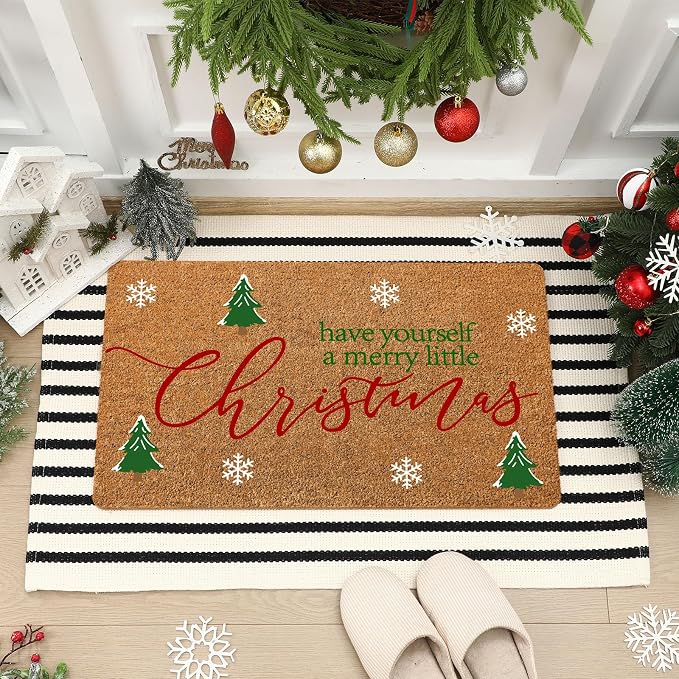 Moucuny 2 Pcs Christmas Outdoor Mat, Non Slip | Christmas Welcome Coir Door Outdoor Black White Stripe Rug Front Door Porch Entryway Decor, 24'' x 35'', 16'' x 28''