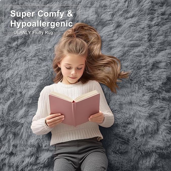 OLANLY 5x5 Area Rugs for Living Room Bedroom, Machine Washable Soft Fluffy Shaggy Bedside Rug, Indoor Floor Carpet for Kids Girls and Boys, Dorms, Nursery Rooms, Home Decor Aesthetic, Grey