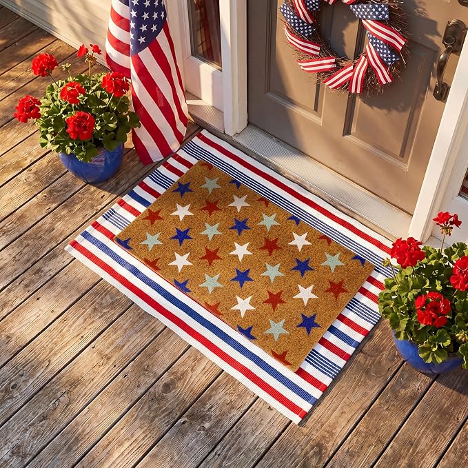 Moucuny 2 Pcs 4th of July Patriotic Coir Door Mat 24'' x 35'' Red Blue White Patriotic Outdoor Rug 16'' x 28'' Star Coir Doormat Non Slip Independence Day Welcome Doormat for Outside Porch Front Decor