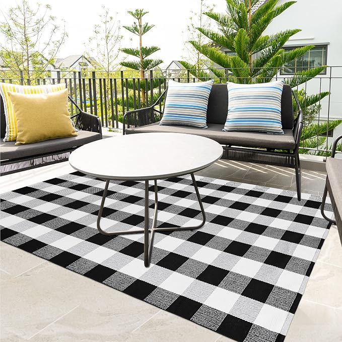 Buffalo Plaid Rug 4x6 Black and White Outdoor Rug Checkered Cotton Woven Washable Front Porch Layered Door Mats Carpet for Living Room Bedroom Farmhouse Patio Decor
