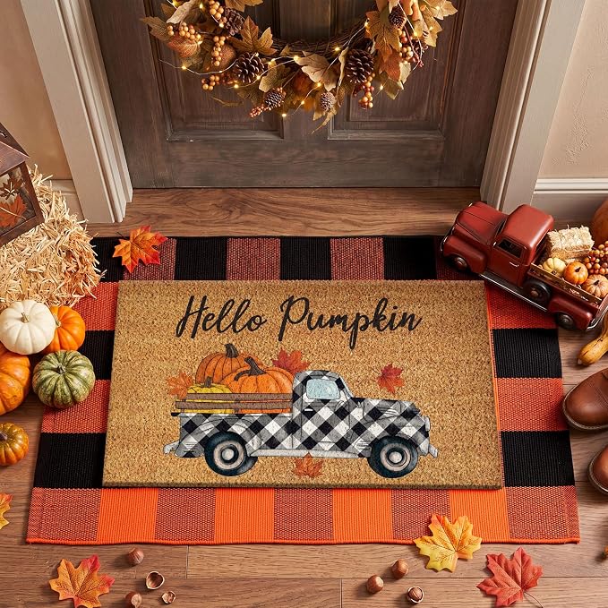 Moucuny 2 Pcs Fall Door Mat, Layered Hello Pumpkin Welcome Coir Doormat with Orange and Black Buffalo Plaid Rug, Non-Slip Backing, Fall Farmhouse Autumn Porch Decor for Entryway Patio Decor