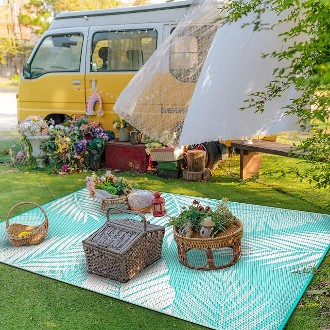 GENIMO Outdoor Rug, Waterproof Plastic Rugs for Patio, 8'x10' Ocean White | Outside Larger Leaf Carpet Mat for Porch Decor, Deck, Balcony, Camping, RV, Backyard, Picnic, Beach, Reversible, Foldable